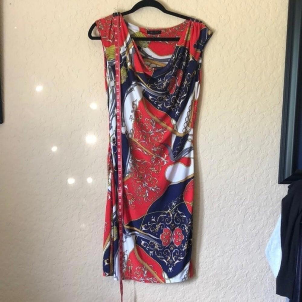 Talia Dress Orange/Navy/Yellow Drape Neck Sleeveless Dress - Size M - Picture 4 of 6